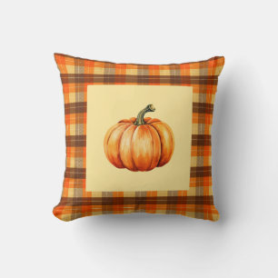 Pumpkin with Farmhouse Cozy Orange Plaid Fall Throw Pillow