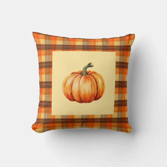 Pumpkin with Farmhouse Cozy Orange Plaid Fall Throw Pillow (Front)