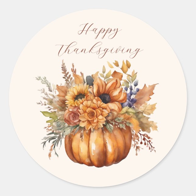 Pumpkin with Flowers-Happy Thanksgiving Classic Round Sticker (Front)