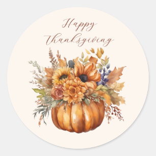 Pumpkin with Flowers-Happy Thanksgiving Classic Round Sticker