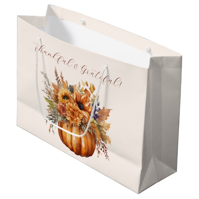 Pumpkin with Flowers- Thankful and Grateful- Large Gift Bag (Front Angled)