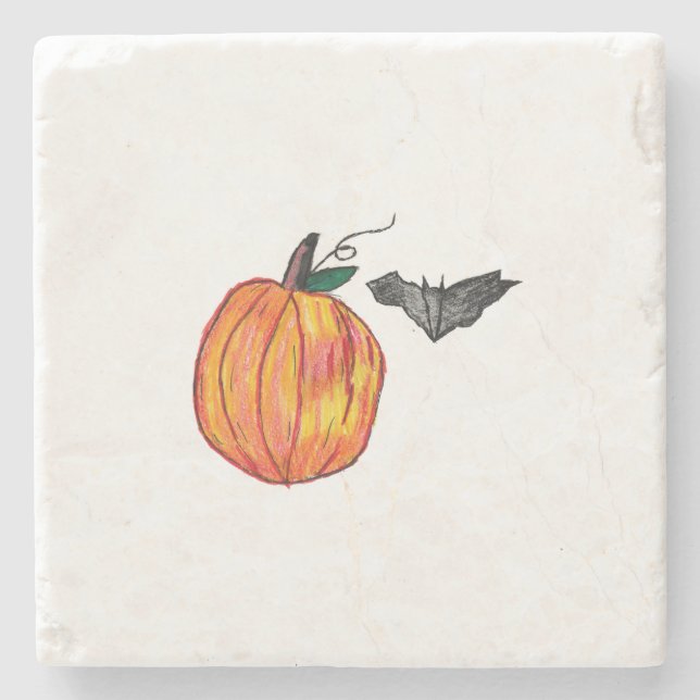 Pumpkin with Grey Bat  Stone Coaster (Front)