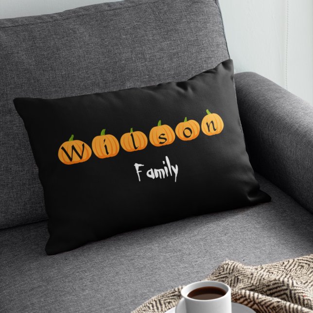 Pumpkin With Monogram Family Name Custom Halloween Lumbar Pillow (Creator Uploaded)