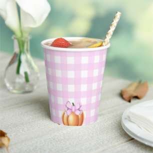 Pumpkin with pink bow in cage baby shower paper cups