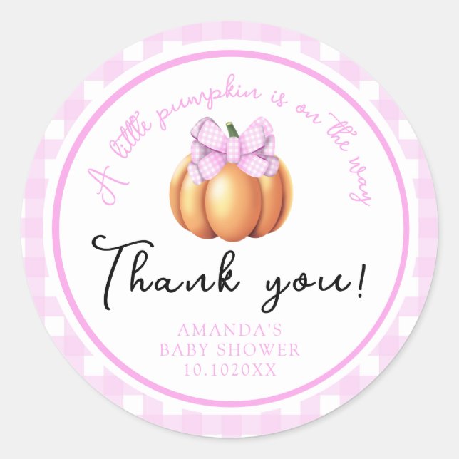 Pumpkin with pink bow thank you baby shower classic round sticker (Front)