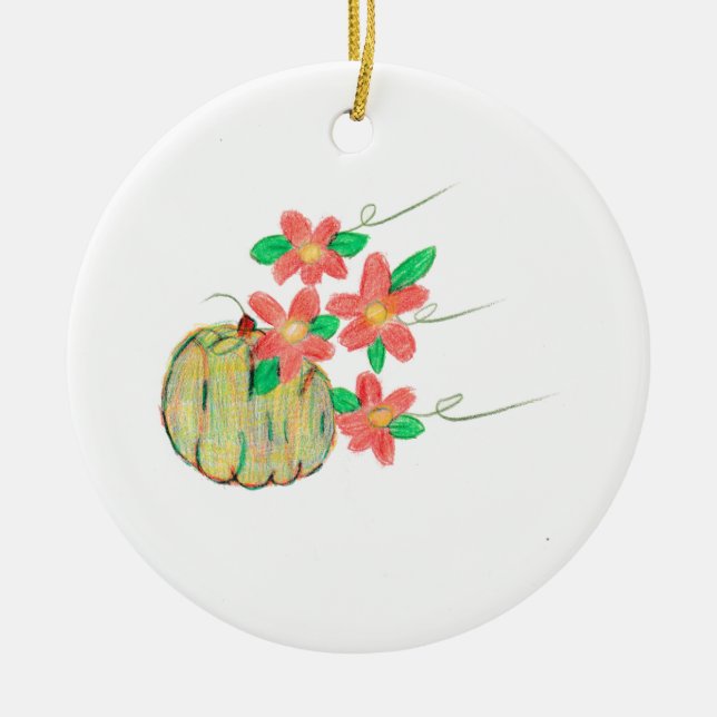 Pumpkin with Red Flowers Ceramic Ornament (Front)