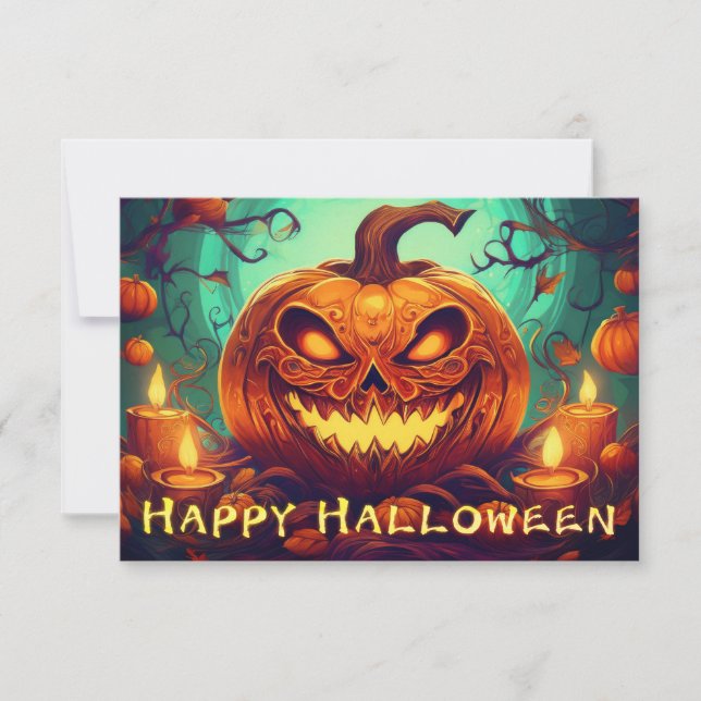 Pumpkin with Scary Face Among Candles, Halloween (Front)