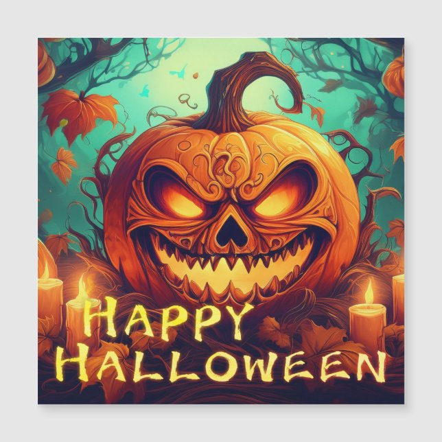 Pumpkin with Scary Face Among Candles, Halloween (Front)