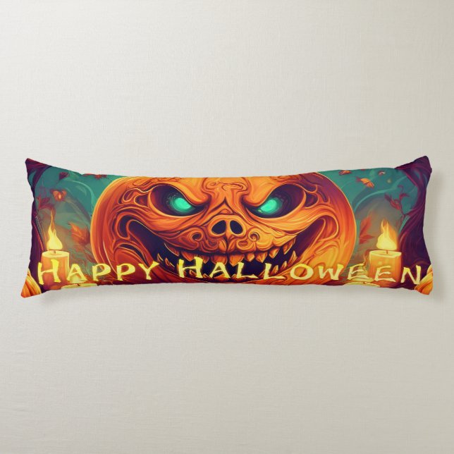 Pumpkin with Scary Face Among Candles, Halloween Body Pillow (Front)