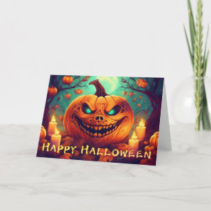 Pumpkin with Scary Face Among Candles, Halloween Card