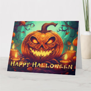 Pumpkin with Scary Face Among Candles, Halloween Card