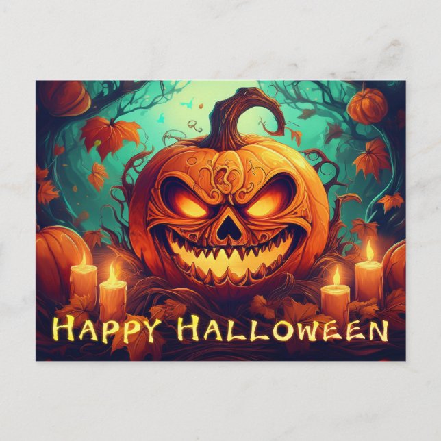Pumpkin with Scary Face Among Candles, Halloween Holiday Postcard (Front)