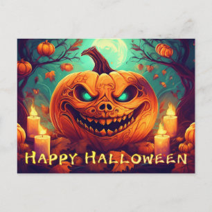 Pumpkin with Scary Face Among Candles, Halloween Holiday Postcard