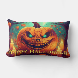 Pumpkin with Scary Face Among Candles, Halloween Lumbar Pillow