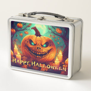 Pumpkin with Scary Face Among Candles, Halloween Metal Lunch Box