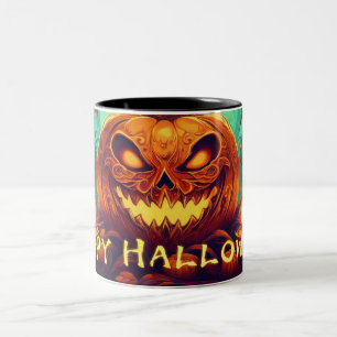 Pumpkin with Scary Face Among Candles, Halloween Two-Tone Coffee Mug