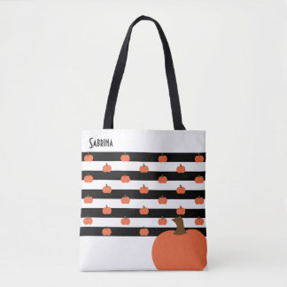 Pumpkin with White & Black Stripes - Personalized Tote Bag