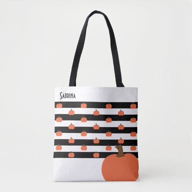 Pumpkin with White & Black Stripes - Personalized  Tote Bag (Front)