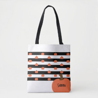 Pumpkin with White & Black Stripes - Personalized Tote Bag