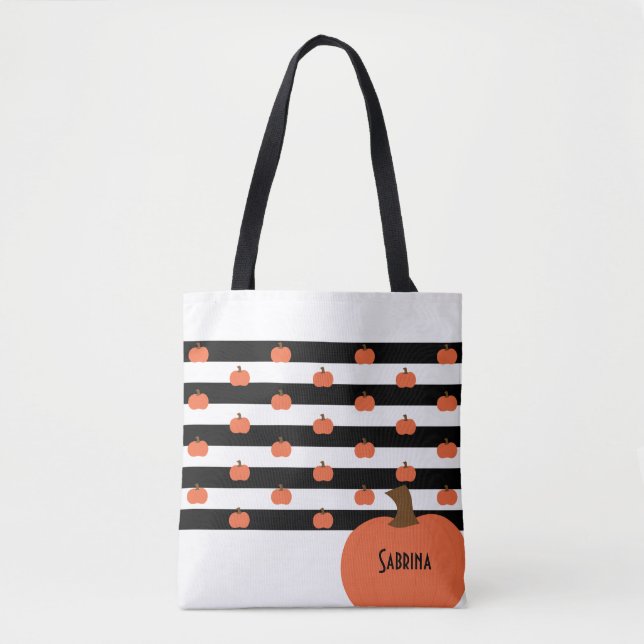 Pumpkin with White & Black Stripes - Personalized  Tote Bag (Front)
