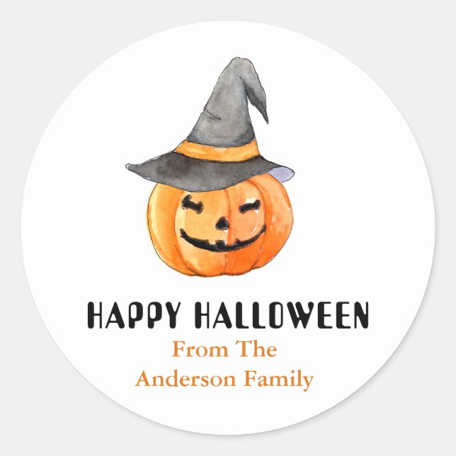 Pumpkin with Witch hat Halloween Classic Round Sticker (Front)