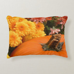 Pumpkin With Yellow And Coral Mums Accent Pillow