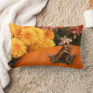 Pumpkin With Yellow And Coral Mums Lumbar Pillow