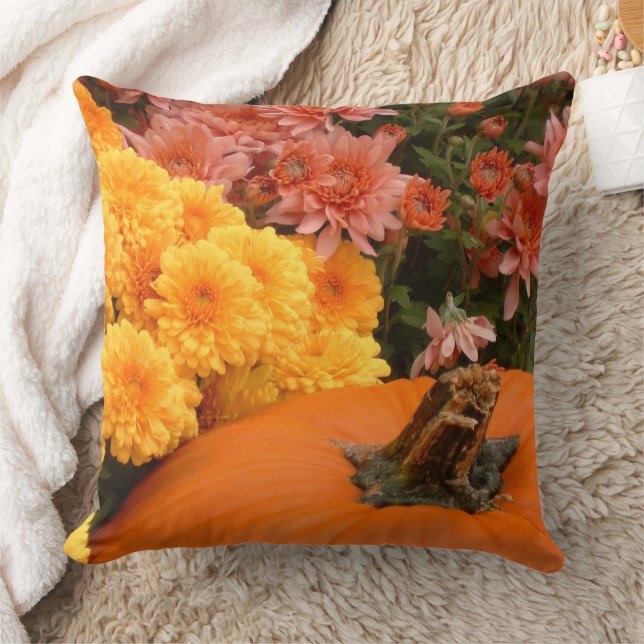 Pumpkin With Yellow And Coral Mums Throw Pillow (Blanket)