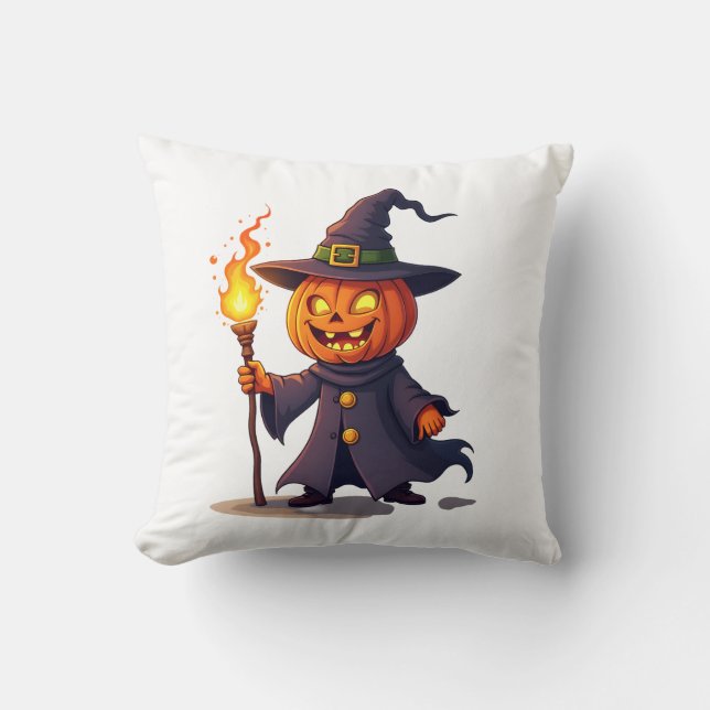 Pumpkin Wizard � Magical Halloween Sorcerer Tee Throw Pillow (Front)