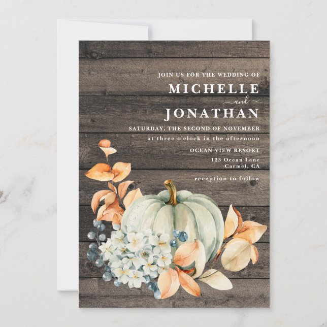 Pumpkin & Wood Wedding Invitation Fall Colours (Front)
