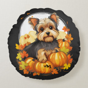 Pumpkin Yorkie Dog Halloween Thanksgiving Round Pillow