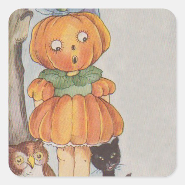 Pumpkinhead Jack O Lantern Black Cat Owl Square Sticker (Front)