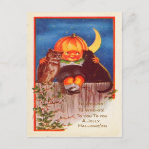Pumpkinhead Owl Black Cat Crescent Moon Postcard