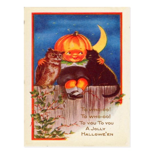 Pumpkinhead Owl Black Cat Crescent Moon Postcard