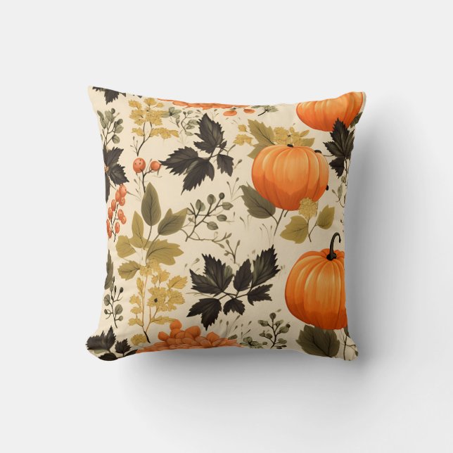 Pumpkins and Autumn Blooms Throw Pillow (Front)