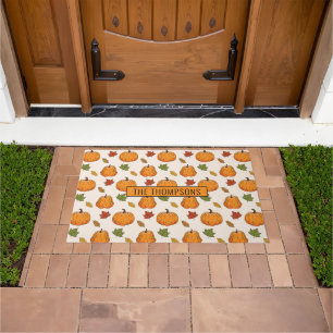 Pumpkins And Autumn Leaves Pattern & Family Name Doormat