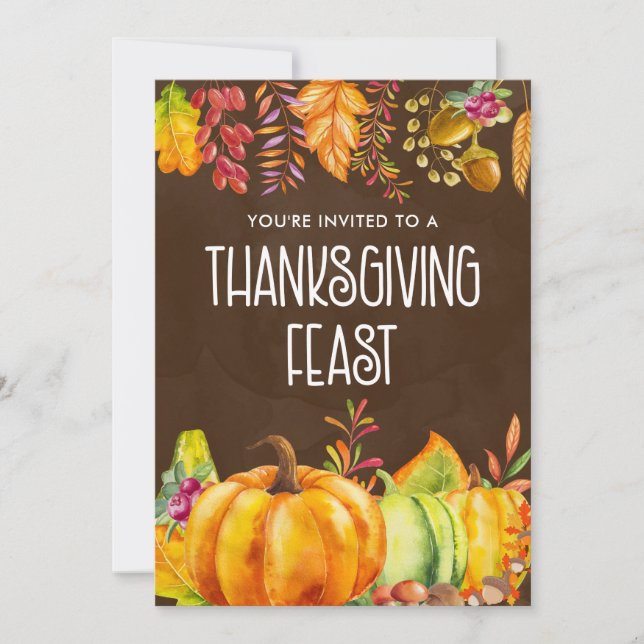 Pumpkins and Autumn Leaves Thanksgiving Feast Invitation (Front)