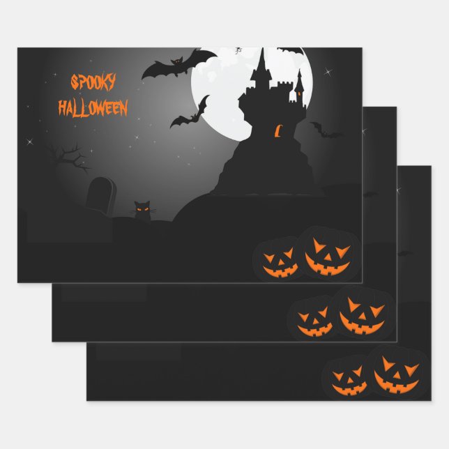 Pumpkins and Bats Halloween Wrapping Paper Sheet (Set)