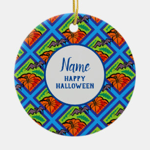 Pumpkins and Bats in Pattern, Name, Halloween, ZSG Ceramic Ornament