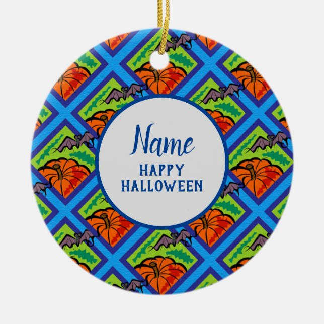 Pumpkins and Bats in Pattern, Name, Halloween, ZSG Ceramic Ornament (Front)