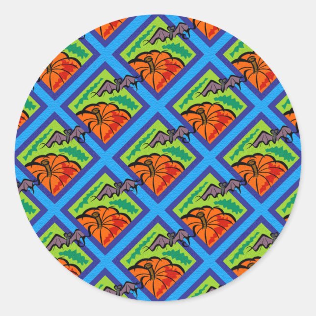 Pumpkins and Bats in Patterns of Green/Blue Classic Round Sticker (Front)