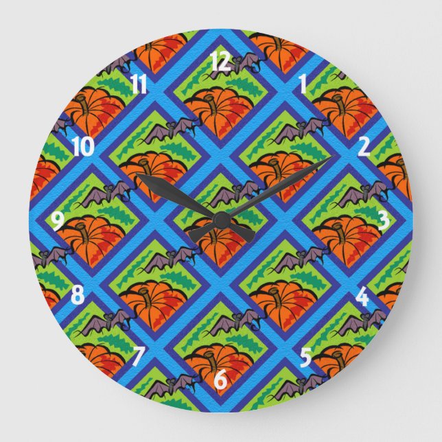 Pumpkins and Bats in Patterns of Green/Blue Large Clock (Front)