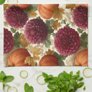 Pumpkins and Burgundy Autumn Blooms Kitchen Towel
