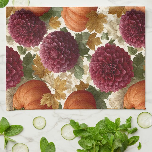Pumpkins and Burgundy Autumn Blooms Kitchen Towel (Folded)