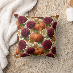 Pumpkins and Burgundy Autumn Blooms Throw Pillow
