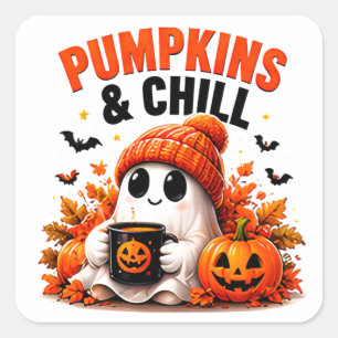 Pumpkins And Chill Funny Ghost Cozy Autumn Square Sticker