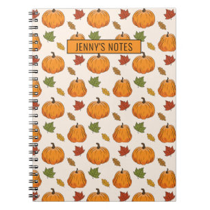Pumpkins And Colourful Autumn Leaves Pattern & Tex Notebook