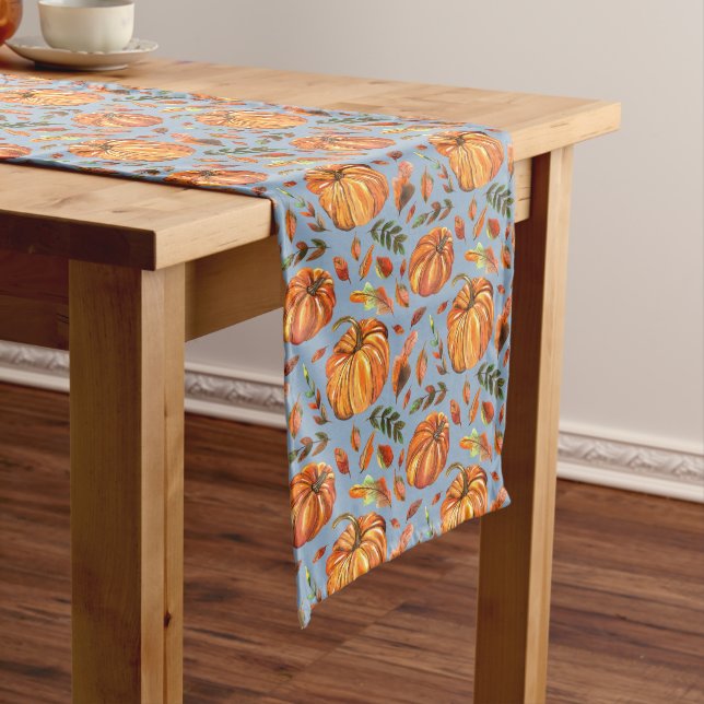 Pumpkins and Fall Leaves Dusty Blue Long Table Runner (In Situ)