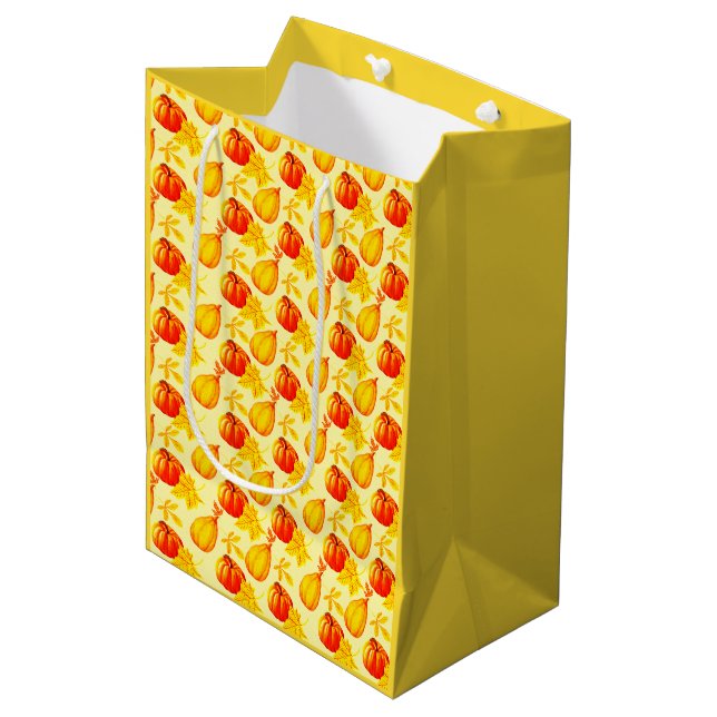 Pumpkins and Fall Leaves Harvest Pattern Medium Gift Bag (Front Angled)