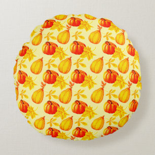 Pumpkins and Fall Leaves Harvest Pattern Round Pillow